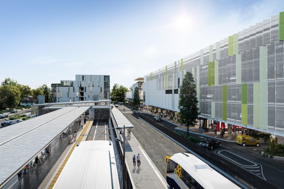 Ferny Grove Station where four floors provide 1400 free car spaces beside new retail and commercial facilities in a $140 million mixed-use development supported by the Queensland and previous federal governments.