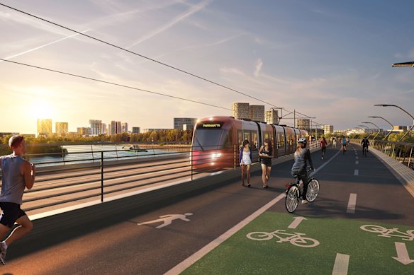 Uma representação de uma nova ponte ferroviária leve de 320 metros sobre o rio Parramatta entre Melrose Park e Wentworth Point. 