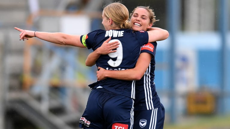 On point: Natasha Dowie (left) celebrates with Danielle Weatherholt after scoring for Melbourne Victory against Western Sydney at Latrobe City Stadium in Morwell, Victoria.