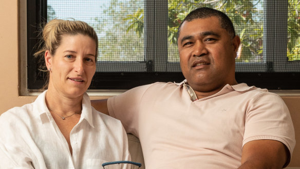 Toutai Kefu and his wife Rachel at their Brisbane home in October 2021.
