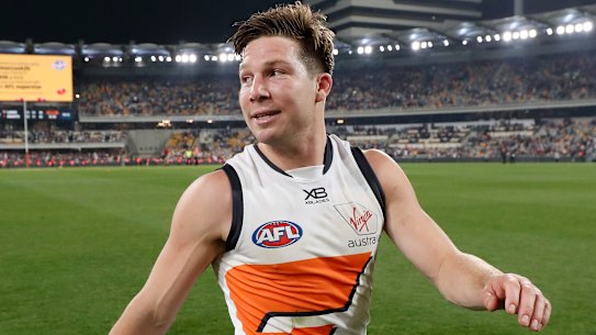 Toby Greene leaves the field after the Giants' semi-final win over the Lions.