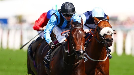 Oisin Murphy riding Asfoora on his way to winning the King Charles III Stakes during Royal Ascot 2024 at Ascot Racecourse.