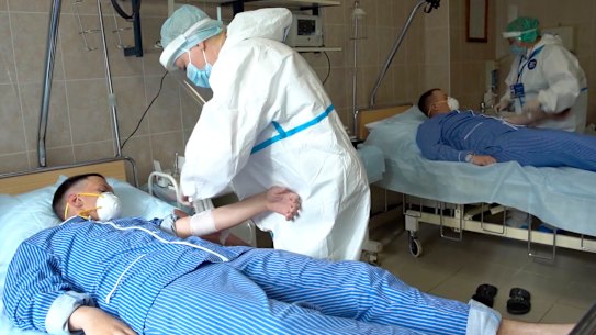 Volunteers participate in a trial of a coronavirus vaccine at the Budenko Main Military Hospital outside Moscow last month.