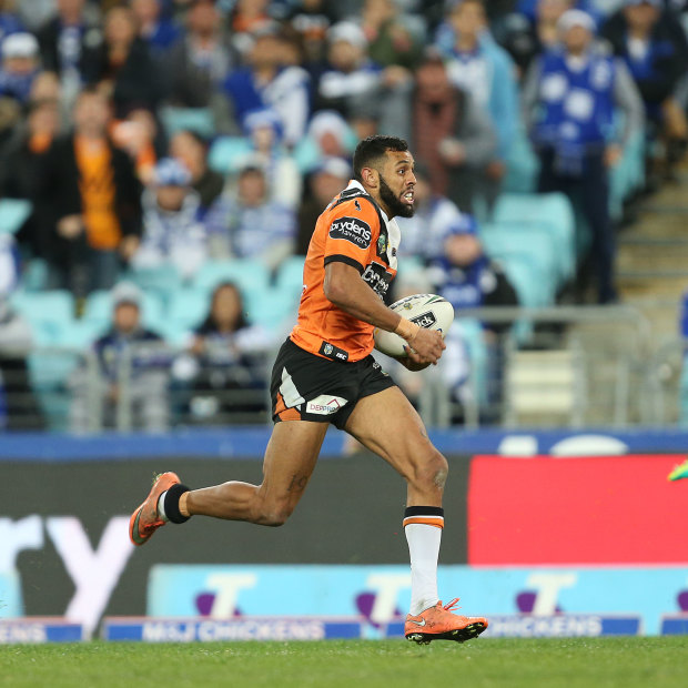 A runaway Josh Addo-Carr during his debut season with the Wests Tigers.