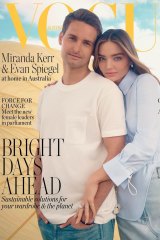 Snapchat co-founder Evan Spiegel wearing a Louis Vuitton T-shirt and his own jeans with wife Miranda Kerr in Fendi on the cover of Vogue Australia’s August issue.