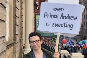 “Even Prince Andrew is sweating”: placard at COP26 protest, Glasgow, November 6, 2021