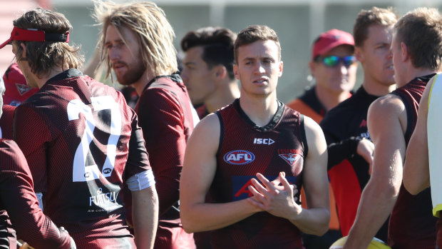 The Bombers are sweating on the fitness of gun forward Orazio Fantasia (centre) for Friday night's Crows clash.
