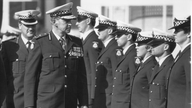 Mick Miller reviewing police graduates in August 1987 -  his last year as Chief Commissioner. Duty first.