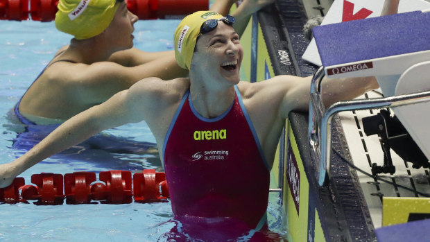 Low key: Cate Campbell celebrates after Australia's win in the women's 4x100m relay final at the world championships.