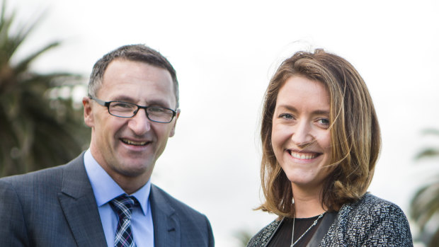 Greens leader Richard Di Natale with the party's candidate for Macnamara (previously Melbourne Ports) Steph Hodgins-May.