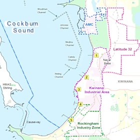 A map of the current outer harbour at Kwinana and areas in the Western Trade Coast.  1: Alcoa Alumina Refinery Jetty. 2: Kwinana Bulk Terminals. 3: BP's Oil Refinery Jetty. 4. Kwinana Bulk Jetty. 5. Kwinana Grain Jetty.

