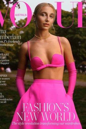Co<em></em>ntent creator Emma Chamberlain in Valentino on the cover of Vogue Australia’s September issue.