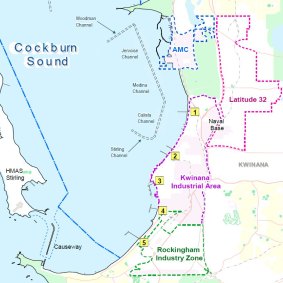 A map of the current outer harbour at Kwinana and areas in the Western Trade Coast.  1: Alcoa Alumina Refinery Jetty. 2: Kwinana Bulk Terminals. 3: BP's Oil Refinery Jetty. 4. Kwinana Bulk Jetty. 5. Kwinana Grain Jetty.

