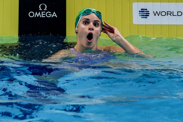 Kaylee McKeown reacts after breaking the world record in the 50m backstroke final in Budapest.