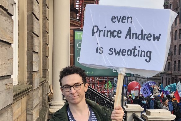 “Even Prince Andrew is sweating”: placard at COP26 protest, Glasgow, November 6, 2021