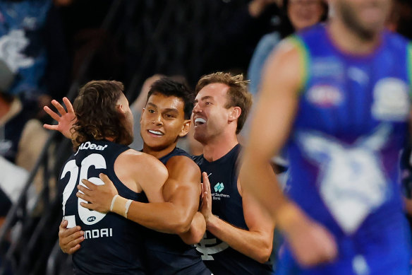 The Blues celebrate a goal.