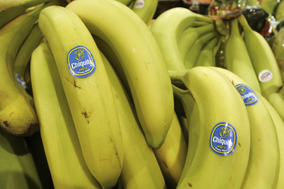 Chiquita bananas are piled on display in a shop in Bainbridge, Ohio, US.