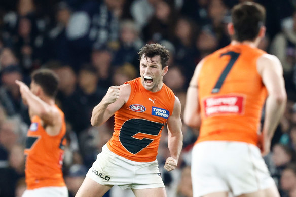 Brent Daniels celebrates a goal during the Giants’ win.