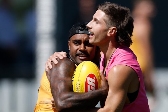 Kysaiah Pickett and Liam Baker at WA training on Thursday.