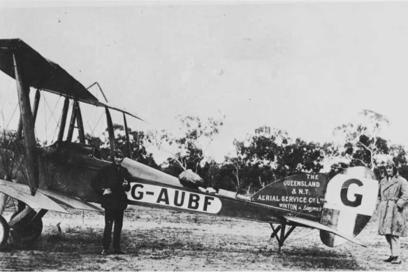 Hudson Fysh and engineer Arthur Baird with a BE2E, one of the first two planes bought by the Queensland and Northern Territory Aerial Service Co Ltd.