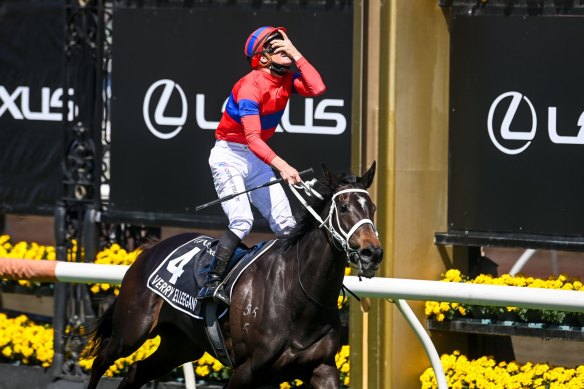 Verry Elleegant winning the Melbourne Cup, at Flemington last year.
