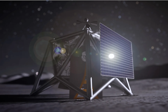 Rappresentazione artistica di un drone MoonFall che opera vicino al polo sud lunare.