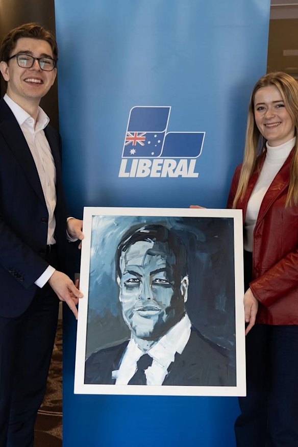 A painting of former MP Jason Falinski is passed down to each NSW Young Liberal president.