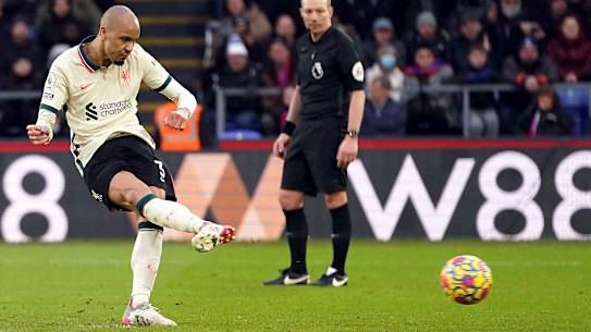 Fabinho scores Liverpool’s third goal at Crystal Palace.