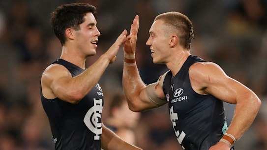 New midfield pairing Patrick Cripps (right) and Adam Cerra.
