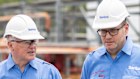 Santos CEO Kevin Gallagher, left, and Adriaan Breytenbach – General Manager Midstream & Carbon Capture and Storage Operations at the Darwin LNG plant in the Northern Territory on March 4 2026.