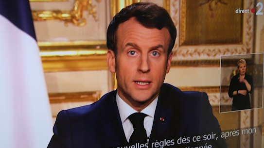 French President Emmanuel Macron speaks during a television address in Ciboure, France. 