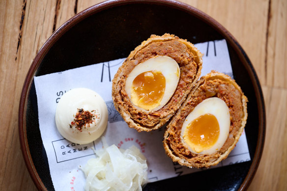 Japanese-style scotch egg with yuzu fennel and kewpie at Canteen.