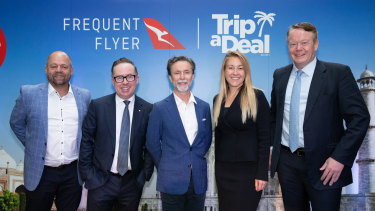 TripADeal founders Norm Black (far left) and Richard Johnston (middle) with Qantas CEO Alan Joyce (second from left), Qantas Loyalty CEO Olivia Wirth (second from right) and Ben Gray, BGH Capital (far right).