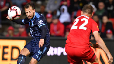 The speculator: Adam Le Fondre takes a shot at goal at Coopers Stadium in Adelaide.
