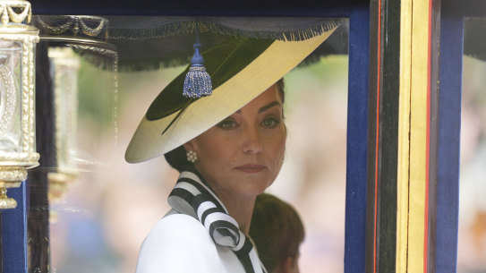 Britain’s Kate, Princess of Wales travels along The Mall to the Trooping the Color ceremony at Horse Guards Parade, London,