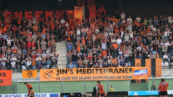 Narbonne fans show their support for the team at the club’s home ground, Parc des Sports et de l’Amitié.