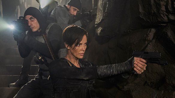 Matthias Schoenaerts, Charlize Theron and Luca Marinelli in "The Old Guard".