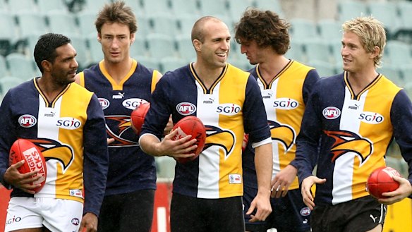Adam Selwood (right) with West Coast teammates David Wirrpanda, Adam Hunter, Chris Judd and Matt Spangher in 2007. Adam Hunter died in February.
