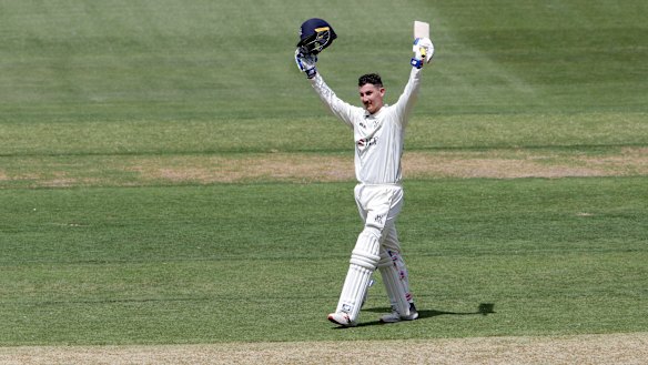 Nick Maddinson celebrates his century.