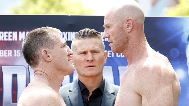 Paul Gallen and Barry Hall face off before their controversial draw in November.