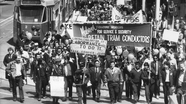 Tram workers protest against the removal of conductors from Melbourne trams. 