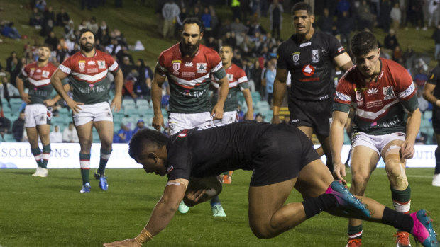 Stroll: Viliame Kikau scores for Fiji during their Pacific Test Invitational match against Lebanon at Leichhardt Oval.