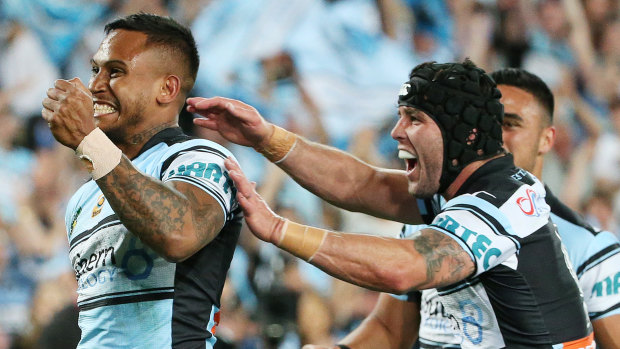 Potential homecoming: Ben Barba celebrates after scoring the first try of the 2016 grand final for the Sharks.