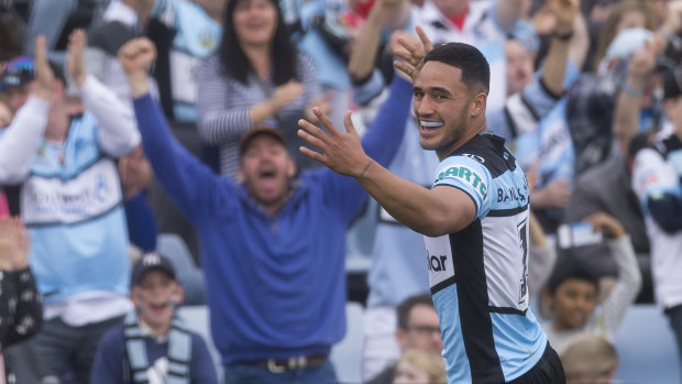 On fire: Valentine Holmes cracked 20 tries for the season with a four-pointer against the Knights on Sunday.