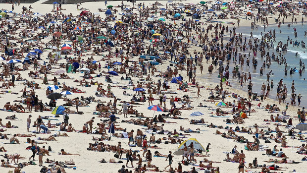 A crowded Bondi Beach as people enjoy hot weather during the Christmas summer holidays.
