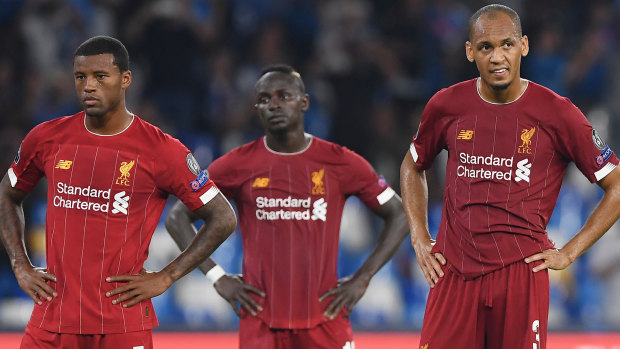 Liverpool players disappointed after losing to Napoli on September 17, 2019.