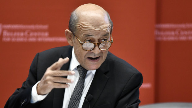 French Foreign Affairs Minister Jean-Yves Le Drian speaks at Harvard University on Friday.