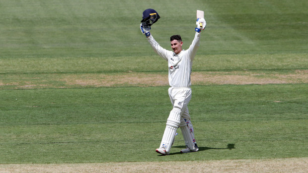 Nick Maddinson celebrates his century.