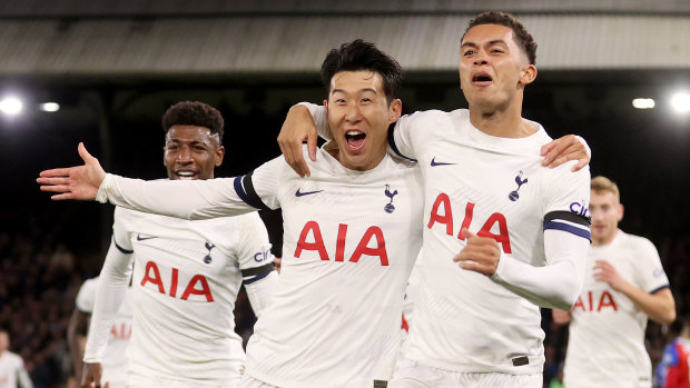 Son Heung-Min and Tottenham celebrate after Spurs’ second goal against Crystal Palace.