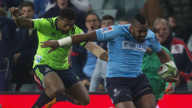 Try, try, try again: Taqele Naiyaravoro on the rampage against the Highlanders in the Super Rugy semi-final.